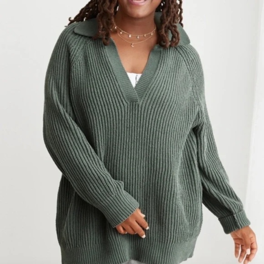 Aerie Sugar Rush Chenille Sweater in Green Size Small V Neck Collared